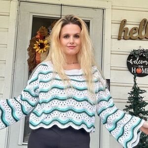 Multi Color Crochet Net Bell Sleeved Sweater- 🎁GIFT WITH EVERY PURCHASE